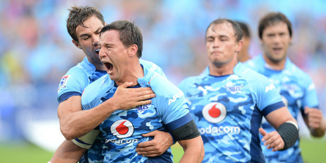 Jacques-Louis Potgieter of the Bulls celebrates his try against the Blues. Photo / Getty