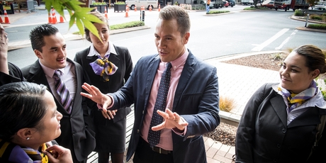 Tamati Coffey chats to students from the Travel and Tourism School.