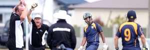CHB wicketkeeper Scott Shaw successfully appeals the wicket of Havelock North opening batsman Mohammad Al-Sahariar Rokon for 32 runs from the bowling of Jake Chalmers (left) as batsman Ben Fair watches at Nelson Park, Napier. Photo/Duncan Brown