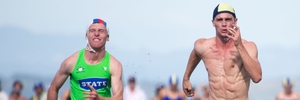 Papamoa's Kodi Harman (right) heads to victory in the men's beach sprint at the New Zealand Surf Lifesaving Championships at Ohope Beach, Whakatane. Photo/Jaime Troughton