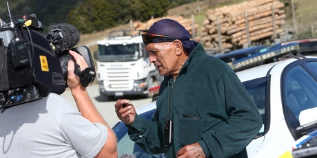 Pipiwai resident Poncho Peihopa at the road block. Photo / Michael Cunningham