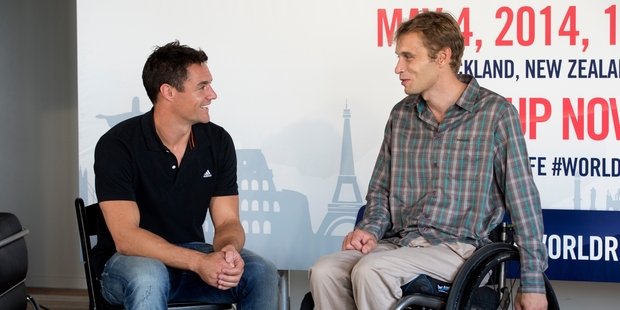 Wings For Life World Run ambassadors Daniel Carter and paralympic sailor Andrew May. Photo / Brett Phibbs