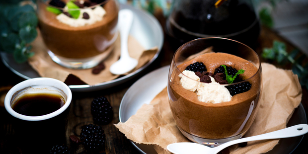Coffee and chocolate mousse with coffee mascarpone. Photo / Babiche Martens.