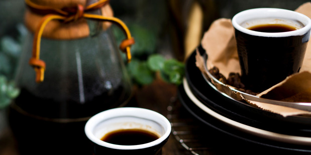 Chemex 3 cups coffee maker, Italian 6 colours demi cups (part of a set) from Eden Espresso Bar. Photo / Babiche Martens.