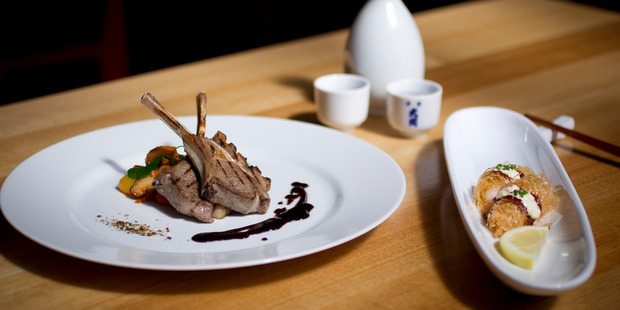 Milk-fed organic spring lamb cutlets and tiger prawn filo tempura at Soto. Photo / Natalie Slade
