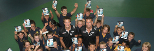 Black Sticks' players Marcus Child (left), and Cory Bennett thrilled pupils at Otumoetai Primary School with a visit yesterday. Photo/John Borren