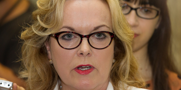 Justice Minister Judith Collins during her stand-up press conference where she revealed she had dinner with the head of Oravida while in China last year.