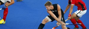 New Zealand Black Sticks' Jennes Stephen takes aim while competing against Japan.