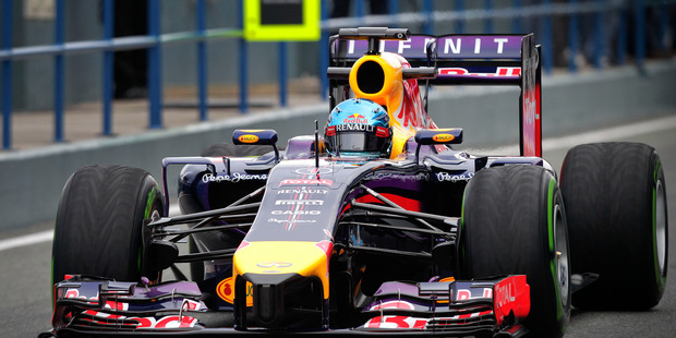 Infiniti Red Bull Racing driver Sebastian Vettel of Germany drives the new RB10 Formula One car during testing in Spain. Photo / AP