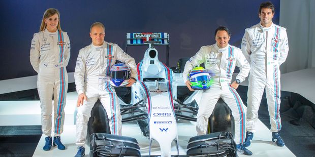 Williams Martini driver's from left Susie Wolff, Valtteri Bottas, Felipe Massa and Felipe Nasr pose during a photocall at the official launch of the Williams 2014 Formula One team. Photo / AP
