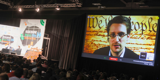 Edward Snowden talks during a simulcast conversation during the SXSW Interactive Festival in Austin, Texas. Photo / AP