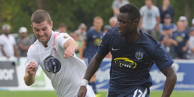 Waitakere's Tim Myers and Auckland's Joao Moreira. Waitakere United vs Auckland City FC, ASB Premiership semi-final first leg. Photo / Jason Dorday.