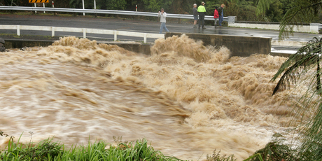 The normally tranquil Owharoa Falls, in the Karangahake Gorge near Waihi, turned into a raging torrent during a storm in the Bay of Plenty in July, 2008. Photo / NZ Herald