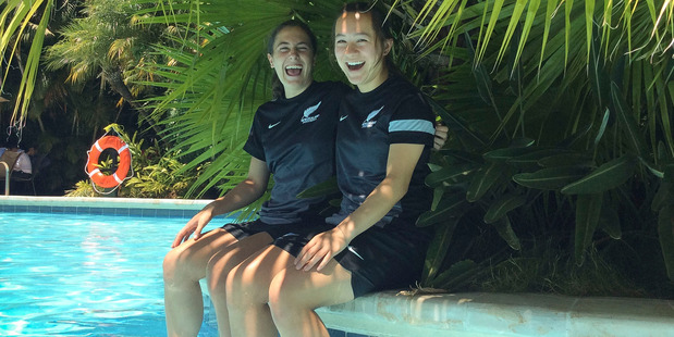 HB schoolgirls Sarah Morton (left) and Ashley Arquette relaxing at their hotel in Costa Rica before the U17 World Cup soccer tournament in March-April. PHOTO/SUPPLIED