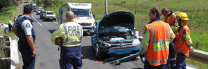 Emergency services at the scene of today's crash on a one-lane bridge near Kerikeri.