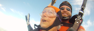 Whangarei's Audrey Fry and jump instructor Rafael Garcia above Onerahi for a skydive in honour of her 88th birthday. Photo/Ballisticblondes