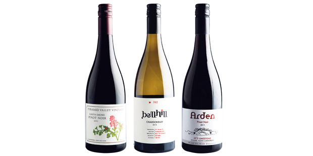 Pyramid Valley Earth Smoke Pinot Noir 2011; Bell Hill Chardonnay 2010; Arden No 3 Limestone Pinot Noir 2011.