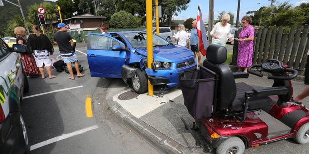 The scene of a crash between a car and a mobility scooter on Nixon St in Whangarei. Photo/John Stone