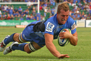 Angus Cottrell of the Force dives for a try against the Rebels. Photo / Getty Images