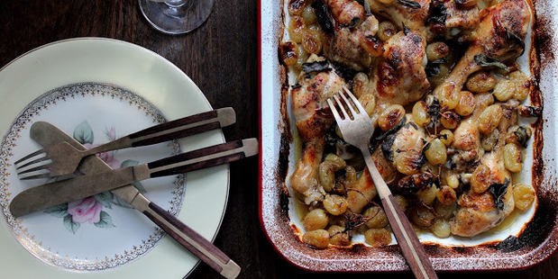 Sweet roasted grape chicken with white wine and sage. Photo / Eleanor Ozich