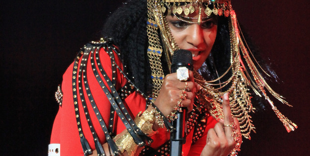 M.I.A. performs during the Super Bowl XLVI Halftime Show in Indianapolis in 2012. Photo/Getty
