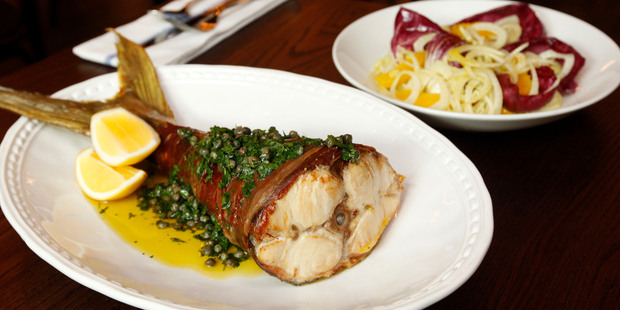 Kingfish tail saltimbocca and radicchio salad at Gusto at the Grand. Photo / Chris Gorman