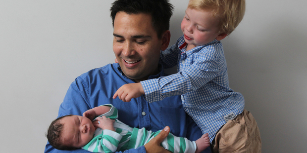 Simon Bridges with son Emlyn, 2, and Harry who was born yesterday. Photo/John Borren