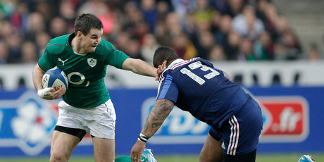 Ireland's Jonathan Sexton, left, pushes France's Mathieu Bastareaud. Photo / AP