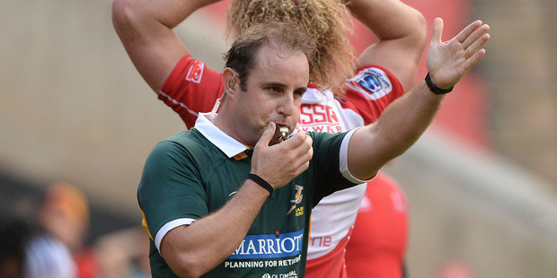 Referee Stuart Berry blows the final whistle during the Super Rugby match between Lions and Blues. Photo / Getty Images.