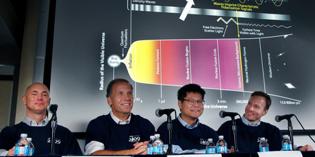 Scientists, from left, Clem Pryke, Jamie Bock, Chao-Lin Kuo and John Kovac smile during a news conference at the Harvard-Smithsonian Center for Astrophysics in Cambridge. Photo / AP