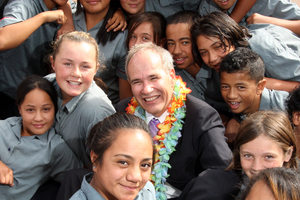 Auckland Mayor Len Brown celebrates with schoolchildren on Race Relations Day 2008. File photo / NZ Herald