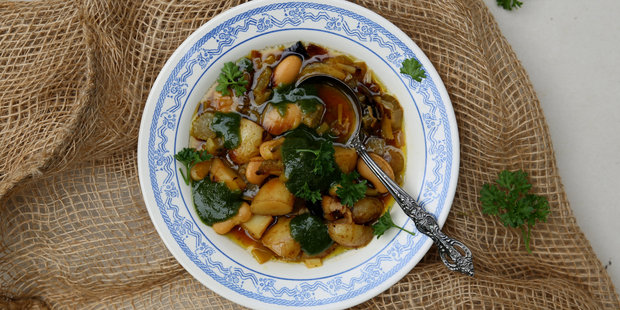 Sweet muscovado roasted leek and potato soup with pistachio herb pesto. Photo / Eleanor Ozich