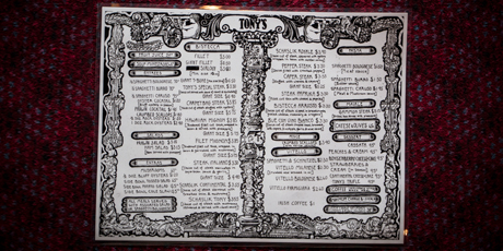 An old menu from Tony's restaurant, Wellesley St West. Photo / Michael Craig