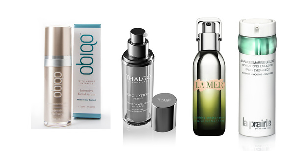Obiqo Intensive Facial Serum; La Prairie Advanced Marine Biology Revitalizing Emulsion; La Mer The Lifting Contour Serum; Thalgo Exception Ultime Serum.