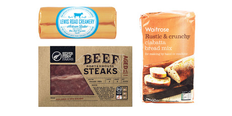 Silver Fern Farms beef porterhouse steaks. Lewis Road Creamery organic butter log. Waitrose ciabatta bread mix, from Nosh.