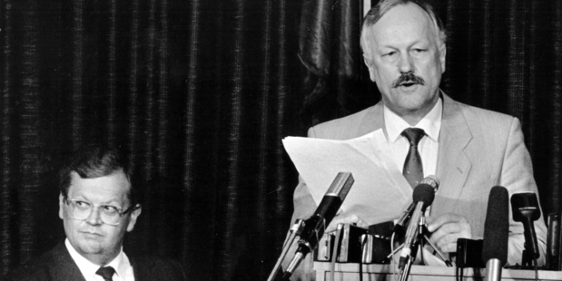 All change ... Roger Douglas expounds as Prime Minister David Lange listens. Photo / NZ Herald Archive