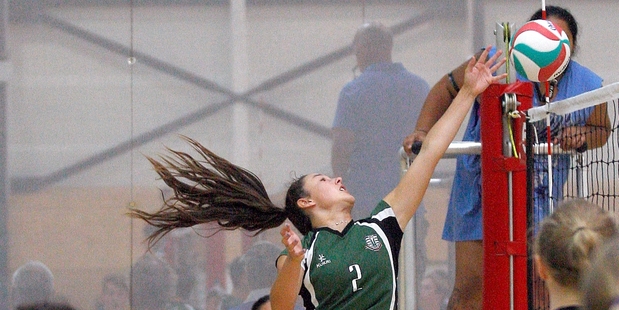 Otumoetai College's Emily Farron spikes the ball during her side's victorious run at the Bay of Plenty secondary school volleyball champs. Photo/Andrew Warner