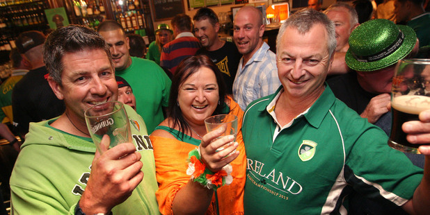 (L-R) Mike Baillie, Kay Sefton and Kim Harvey celebrate St Patrick's Day. Photo / Ben Fraser