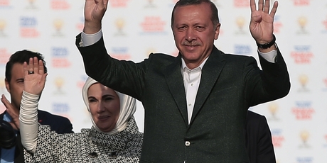Erdogan and his wife, Emine, at a rally of supporters in Ankara this week.