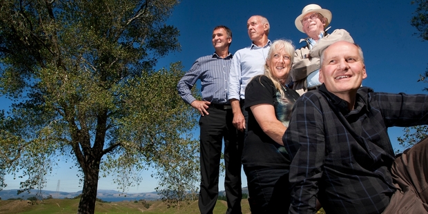 Trialling manuka plantations are, from left, Francis Pauwels (Grow Rotorua), John Burke (Comvita), Judy Pudney (landowner) Hugh Riddiford (eLandnz Ltd) and Mark Smith (Grow Rotorua). Photo/Ben Fraser