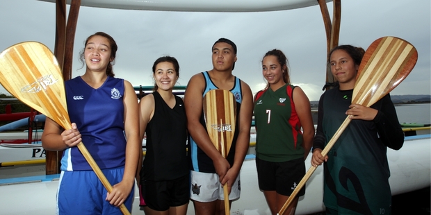 Hawke's Bay hopefuls Eikura Albert, 17 (St Joseph's Maori Girls' College, left), Rere Chase, 17 (NGHS), Kody Tamaiva-Eria, 16 (NBHS), Summer Crawford, 15 (Karamu High School), and Jessie Quinn, 15 (William Colenso College), off to the Waka Ama Secondary Schools' National Championship starting in Rotorua today. Photo/Paul Taylor