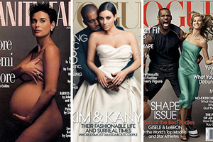 Vogue's Kimye cover, centre, along with the covers of Vogue's, April 2008 issue, right and Vanity Fair's August, 1991 issue, left.