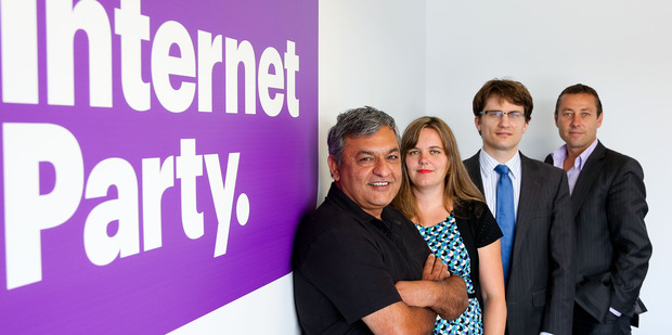 Chief executive Vikram Kumar, party secretary Anna Sutherland, legal counsel Graeme Edgeler and press secretary John Mitchell pose at the Internet Party office in Lower Hutt. Photo / Herald on Sunday