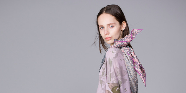 Penny Sage dress, $450 and Louis Vuitton silk scarf, $1120. Diamond studs, $1140, from Walker & Hall. Photo / Greg Bowker