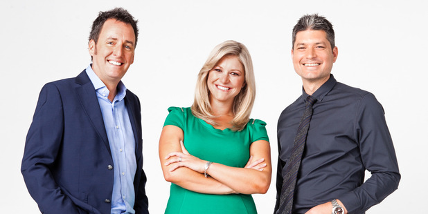Seven Sharp presenters Mike Hosking, Toni Street and Jesse Mulligan.