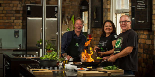 Grant Allen joined Sonya Oyston and Eric Morgan for some fiery cooking lessons. Photo / Michael Craig