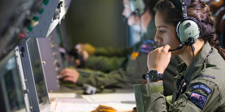 Number 5 Squadron's Siale Mann checks instruments on the RNZAF P-3K2 Orion. Photo / Greg Bowker