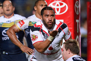 Konrad Hurrell oseals a try with a kiss but remains a puzzle. Photo / Getty Images