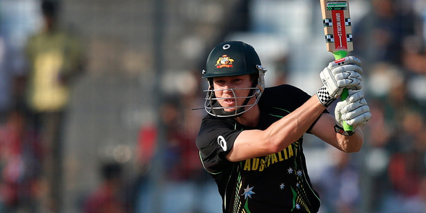 Australia's batsman James Faulkner plays a shot during their ICC Twenty20 Cricket World Cup match against West Indies' in Dhaka, Bangladesh. Photo / AP / Aijaz Rahi