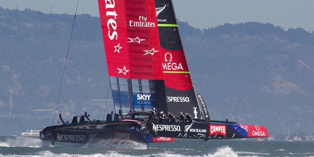 Emirates Team New Zealand in action against Oracle, on San Francisco Bay. Photo / Brett Phibbs
